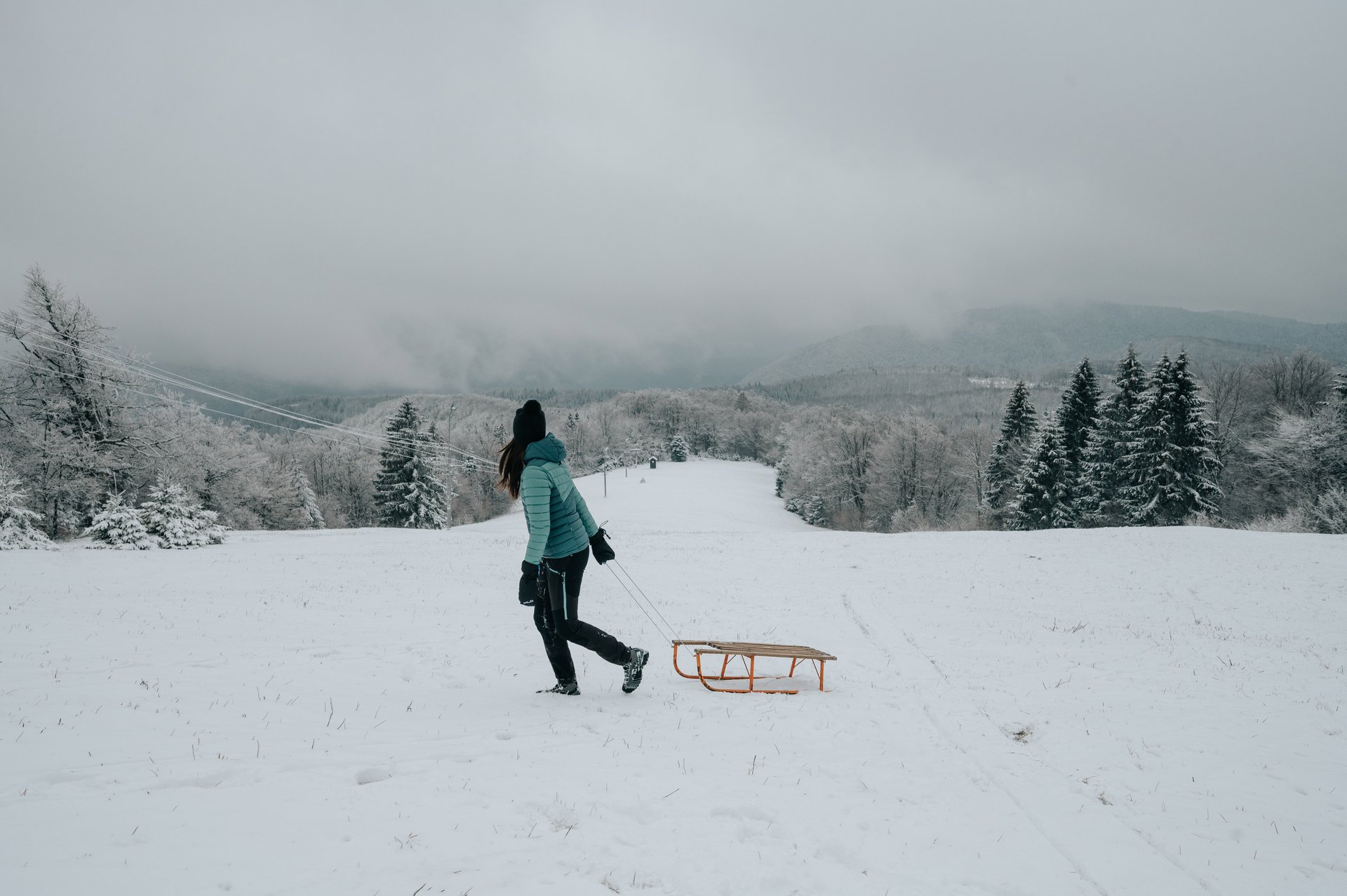 Šetnja s drvenim sanjkama preko zasniježene livade, Gorski kotar